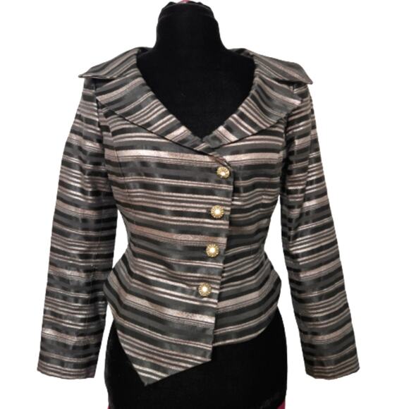 Vintage Jackets & Blazers - Bibbo Blazer Black Silver Metallic Striped Button Front Asymmetric Hem Jacket 8
